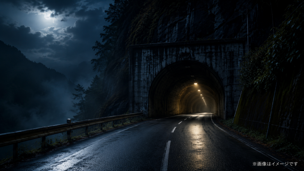 Misty mountain road to tunnel