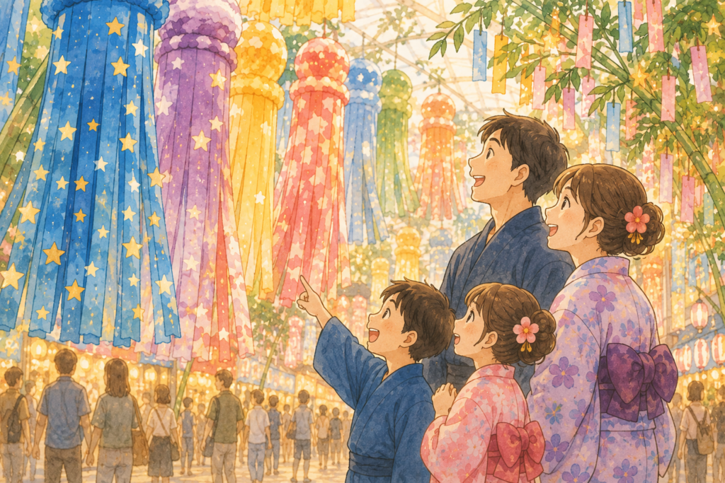 七夕飾りを見上げる家族の祭り道