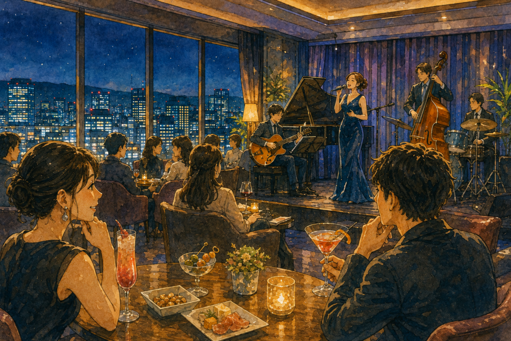 夜景を望むジャズラウンジの夜