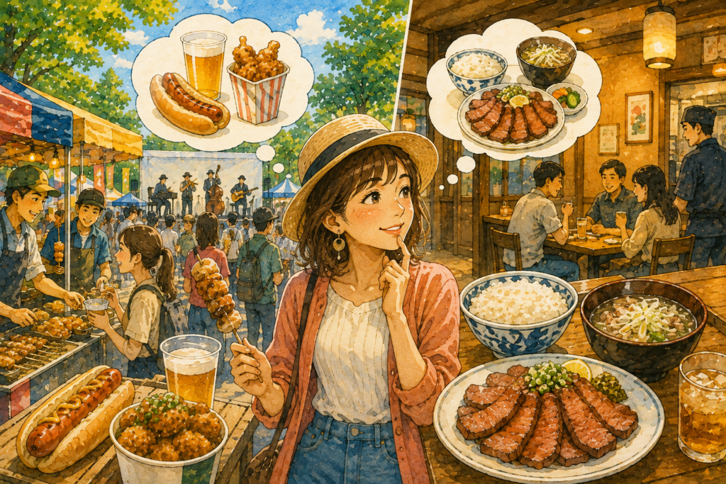 屋台と食堂、迷う彼女のグルメ選び