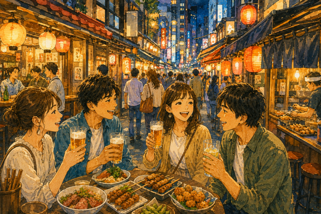灯り揺れる居酒屋横丁の乾杯