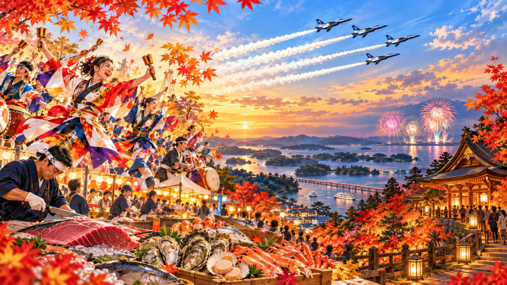 秋祭りと湾景の華やか夕景パノラマ